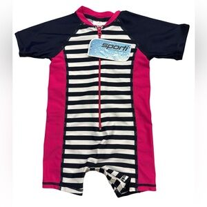 Sporti Infants Unisex UPF 50+ 3/4 Sleeve Sun Suit Pink & Navy Stripe NWT 3-6 M